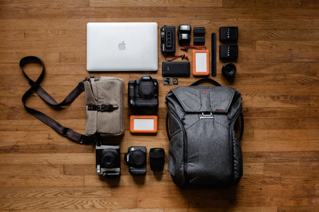 op View Photo Gadgets on Hardwood Floor