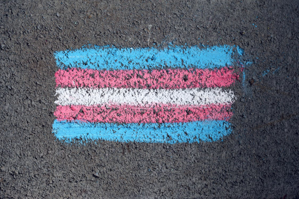 Transgender pride flag painted in blue, pink, and white stripes on asphalt.