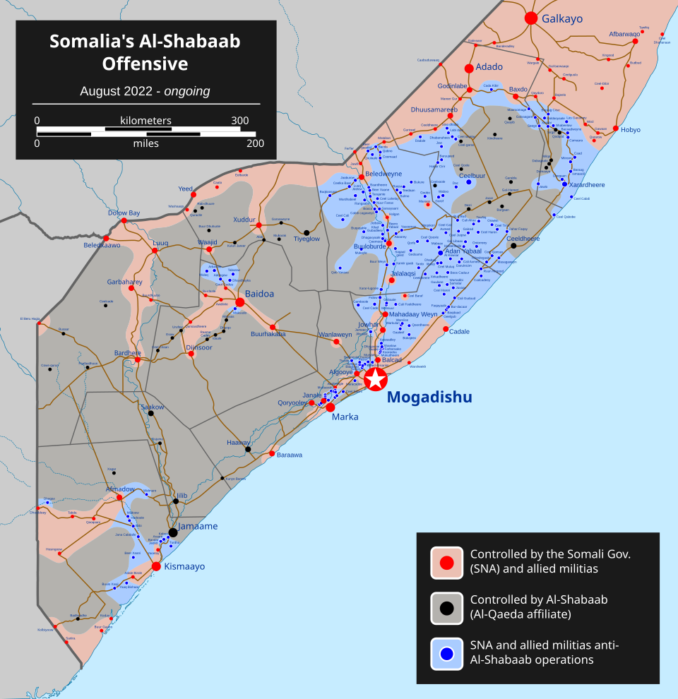 Map showing Somalia's Al-Shabaab offensive operations in August 2022, with controlled territories marked in different colors.