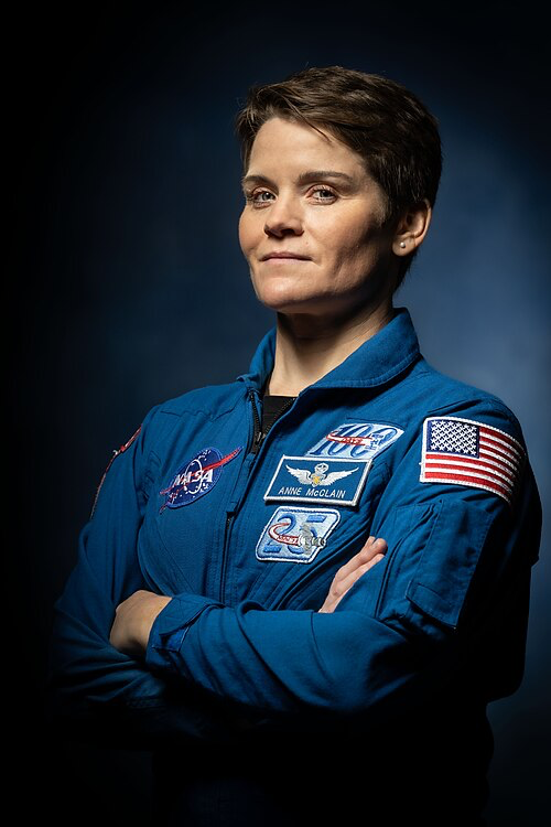 NASA astronaut Anne McClain in official portrait wearing blue flight suit with patches.