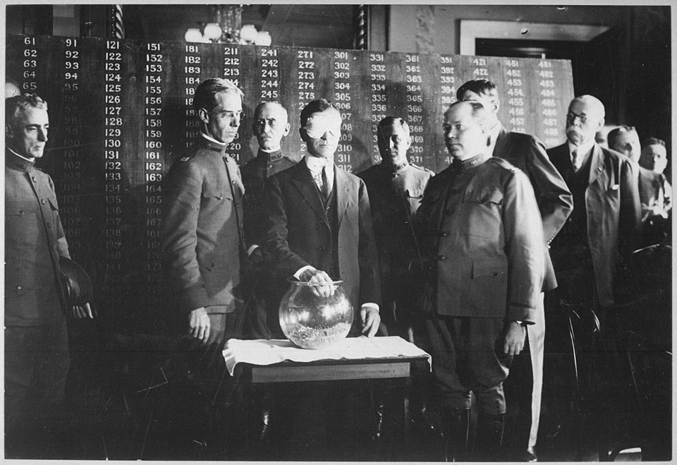 istorical lottery drawing photo showing the selection process that could serve as a model for WW3 conscription procedures.