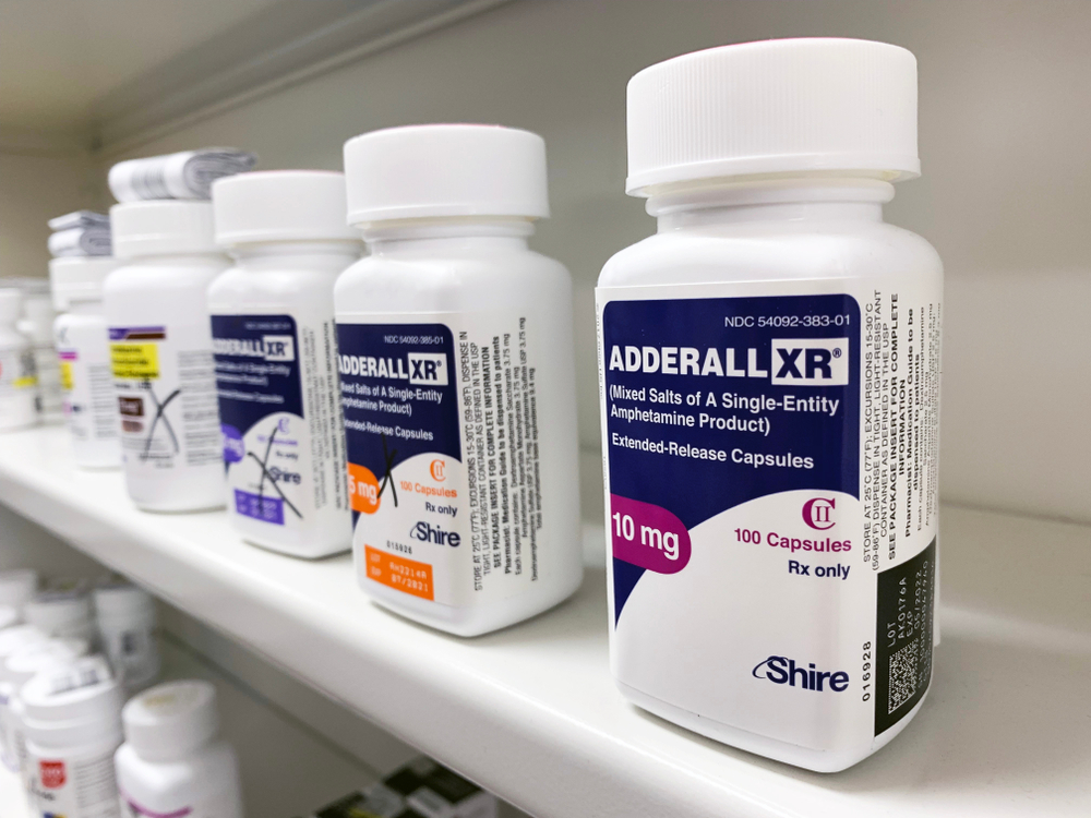 Ogden, Utah USA-March 21, 2019: Adderall bottle on shelf which is a drug that is used for ADHD but has recently been thought to increase risk of psychosis
