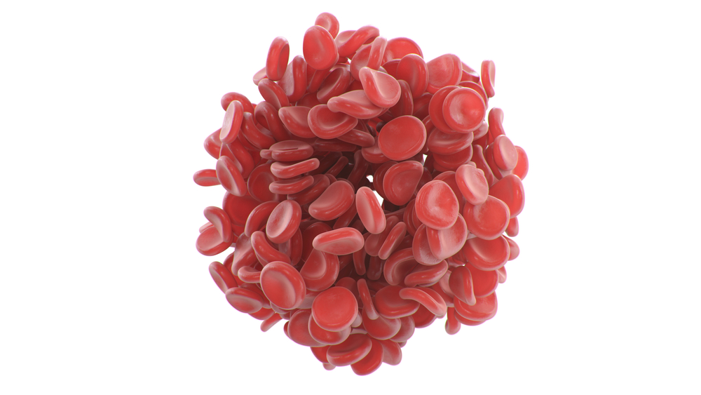 Abstract red blood cells clot in the shape of a sphere isolated on white background. Scientific and medical concept. Transfer of important elements in the blood to protect the body. 3d illustration
