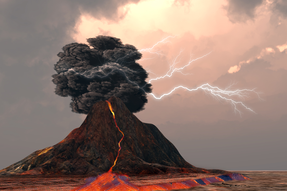 Volcano and Lightning 3d illustration - Lightning and thunder crack inside a billowing smoke plume as a volcano erupts with glowing lava.