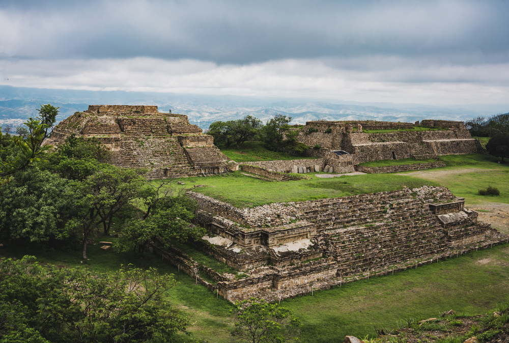 Aerial of ruins of ancient city of Mesoamerican Zapotec civilization of Monte Alban - Oaxaca, Mexico