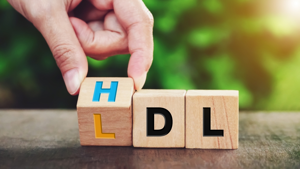 Hand flipping wooden cube block from change LDL to HDL for High is high density lipoprotein and LDL is low density lipoprotein concept on nature background.                          