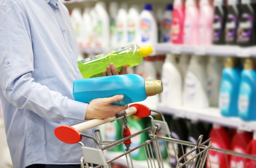 shopping in supermarket.(washing powder,detergent,shampoo,toilet paper, soap)
