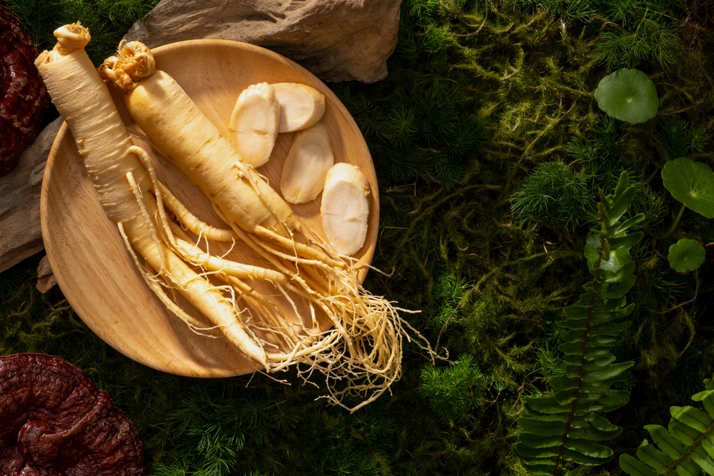 Ginseng and ginseng slices are arranged on wooden dish. Ginseng (Panax ginseng) contains antioxidants that may reduce inflammation. Copy space