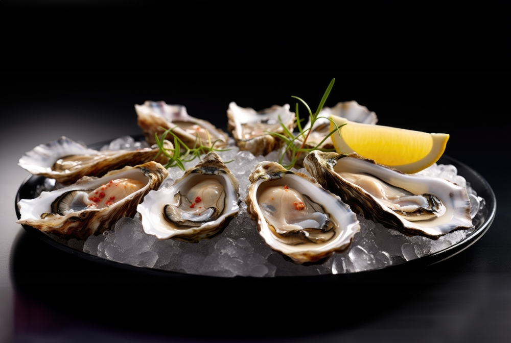 Platter of fresh oysters on a bed of ice. Oysters with lemon and sauce. Several oysters on a tray with caviar. Food in a restaurant. A bowl of oysters with caviar.