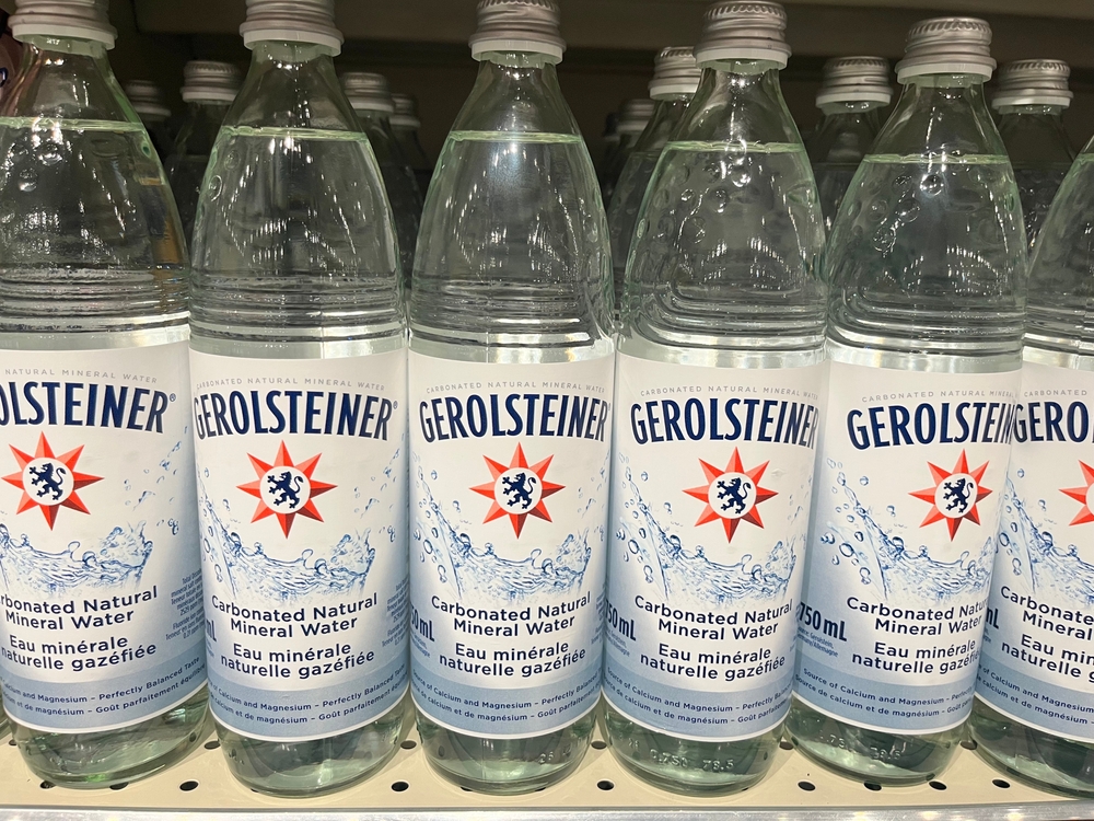 Edmonton, Canada - June 24, 2023: Bottles of Gerolsteiner carbonated natural mineral water on display on a store shelf
