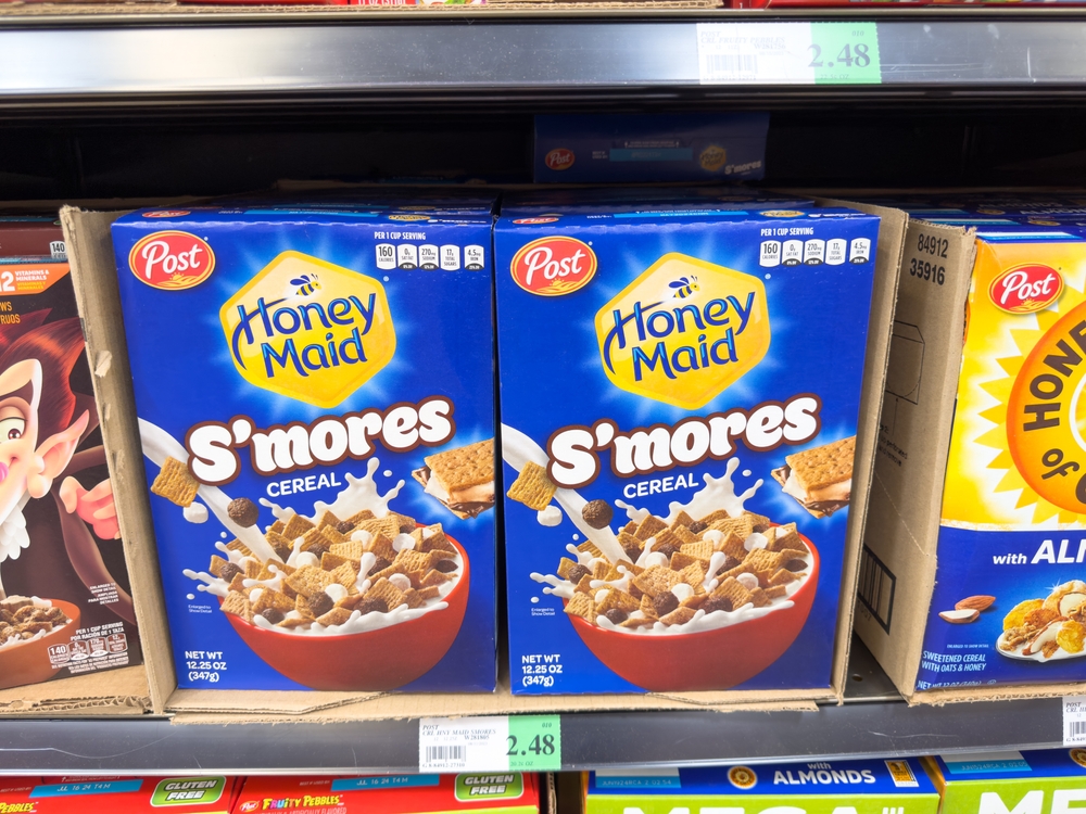 Los Angeles, California, United States - 09-30-2023: A view of several packages of Post S'Mores cereal, on display at a local grocery store.