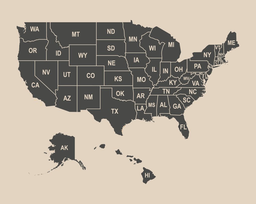 USA map with short name of states. United States of America map, 50 states vector USA map.