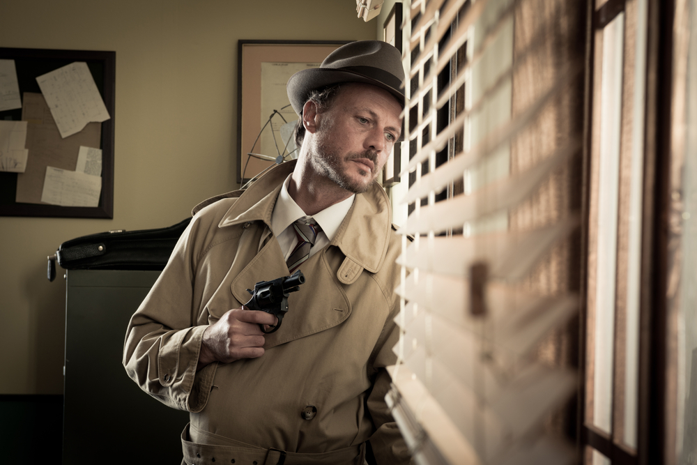 Attractive spy agent peeking from an office window, film noir.