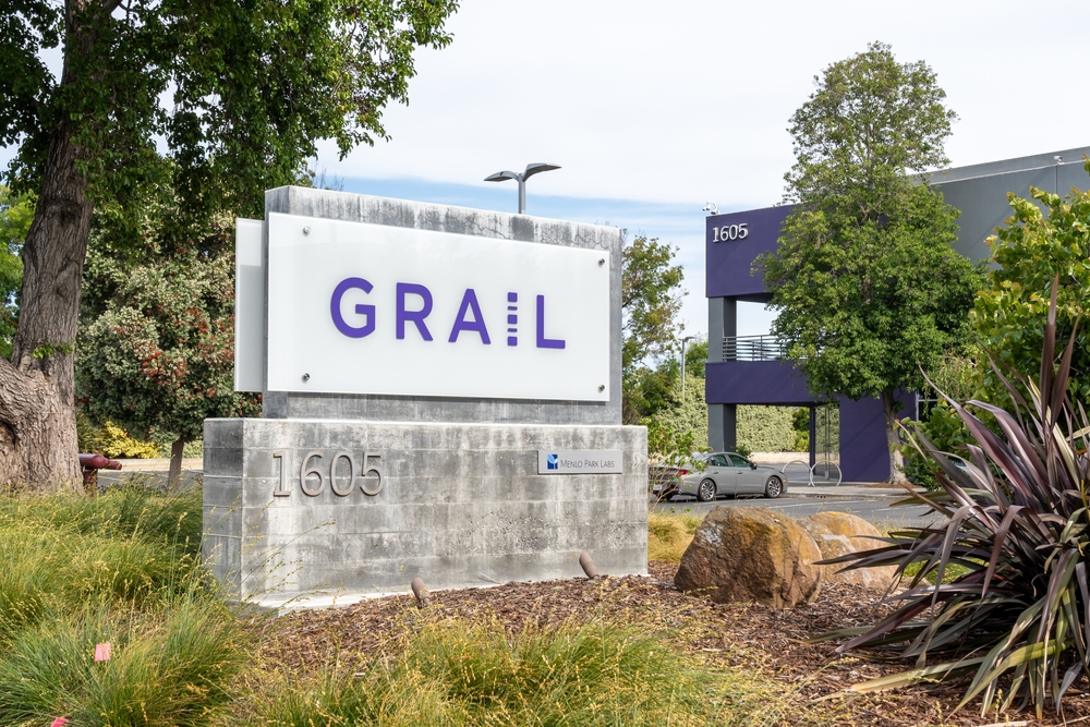 Grail sign at its headquarters in Menlo Park, California, USA, June 11, 2023. Grail is an American biotechnology company.