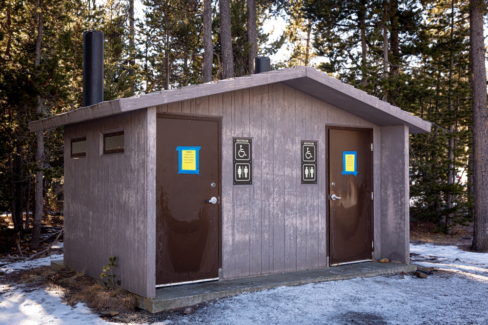 Bend, Oregon US, December 31 2023: restrooms at a sno-park parking on the way to Mt.Bachelor skiing resort, west of Bend