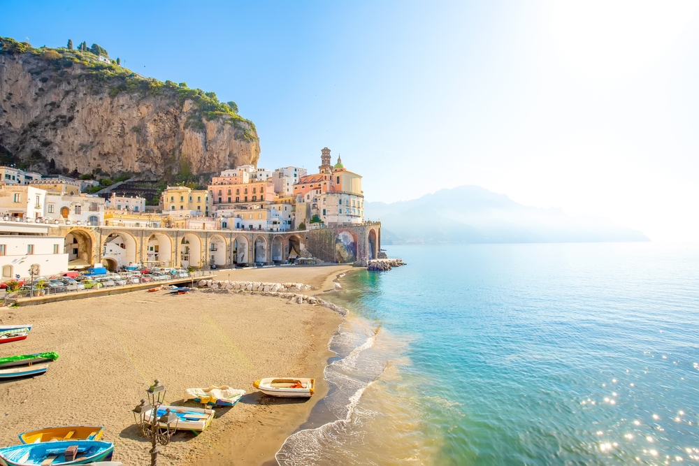 Small Italian village Atrani, Amalfi Coast, Italy travel photo. Idyllic sunny resort in Salerno province, beautiful relaxing wallpaper