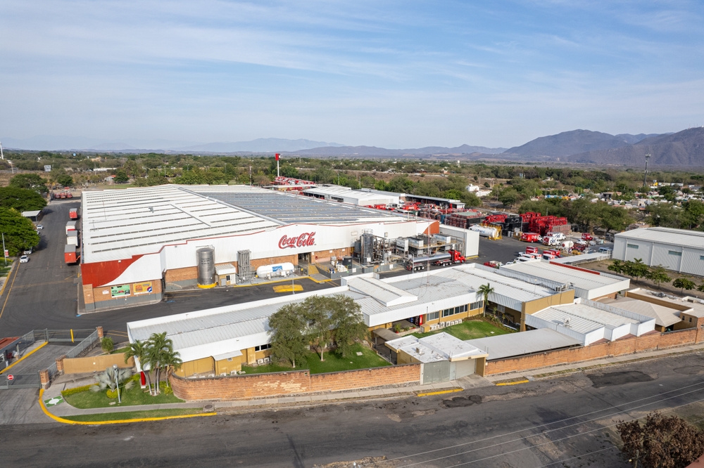 Aerial view of Coca cola company bottling plant, coca cola factory, embotelladora de Colima, FEMSA, Arca continental, bepensa, nayar, brn, corporación del fuerte, rica, Colima, Mexico, May 02, 2024.