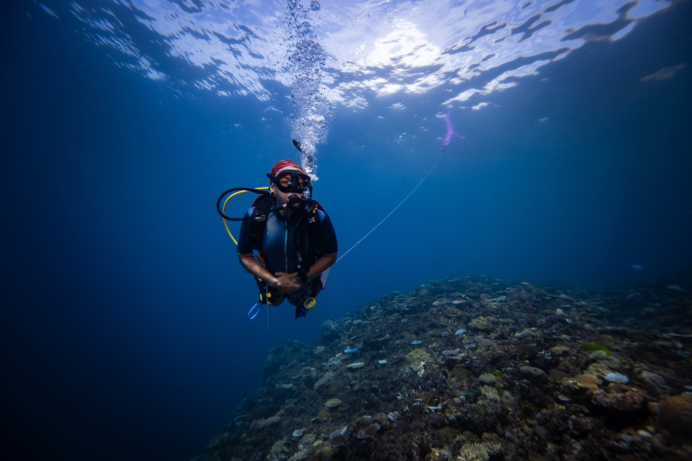 Tavewa, Fiji - April 28th 2024 - Female scuba diver making a safety stop above healthy coral reef