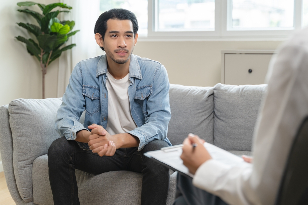 mental health care therapy concept, psychologist counseling to anxiety patient and giving guidance mental therapy care to cure mental health.