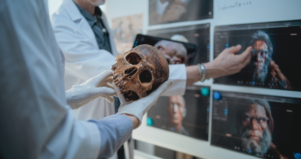 Male and female scientists study anatomy of fossil skull of ancient man using tablet computer. Archaeologists work in archaeological lab. Board with printed images of 3D visualization of humans head.