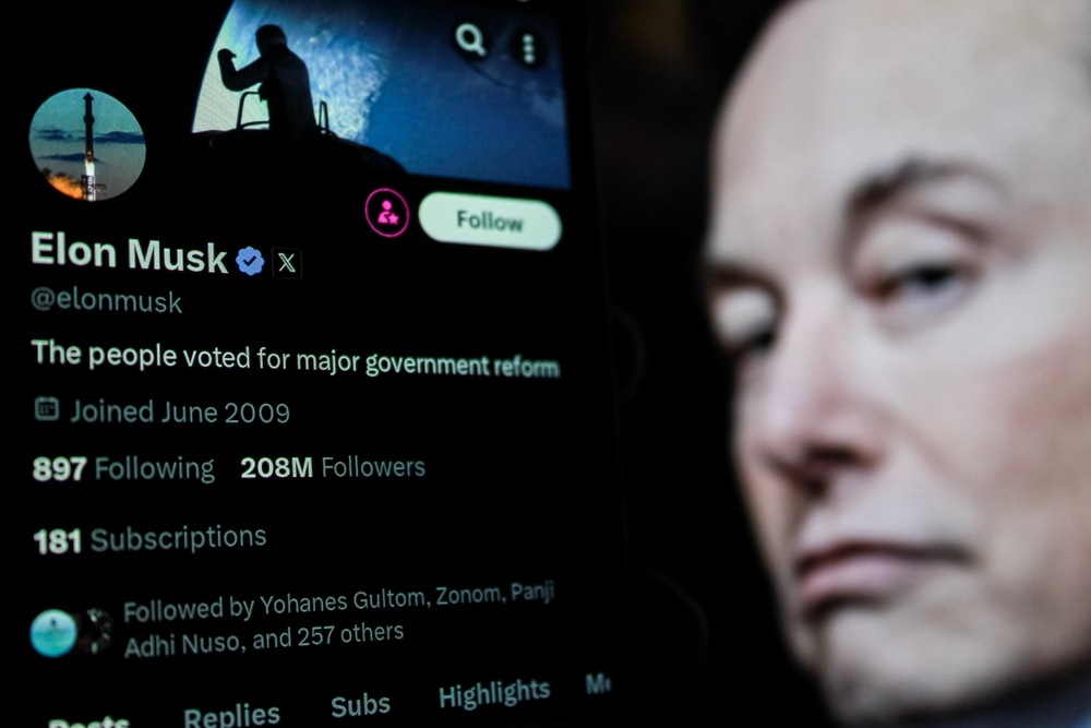 Bandung, Indonesia - Desember 21, 2024: In this photo illustration, Elon Musk X profile account is displayed on a smartphone with Elon musk profile in the background