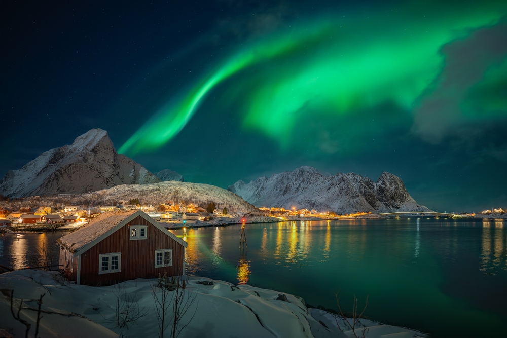 Beautiful and dancing northern light or aurora borealis over the famouse tourist destination Lofoten Island, Norway