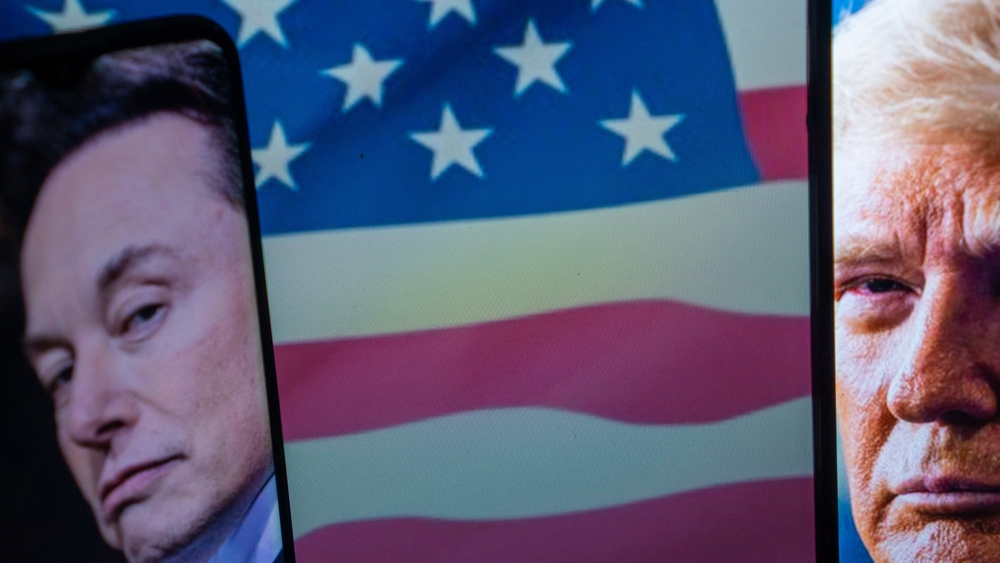 Jakarta, Indonesia – February 15, 2025: Donald Trump and Elon Musk photos on a smartphone with USA flag in the background. Elon Musk has emerged as a key figure in President Trump administration