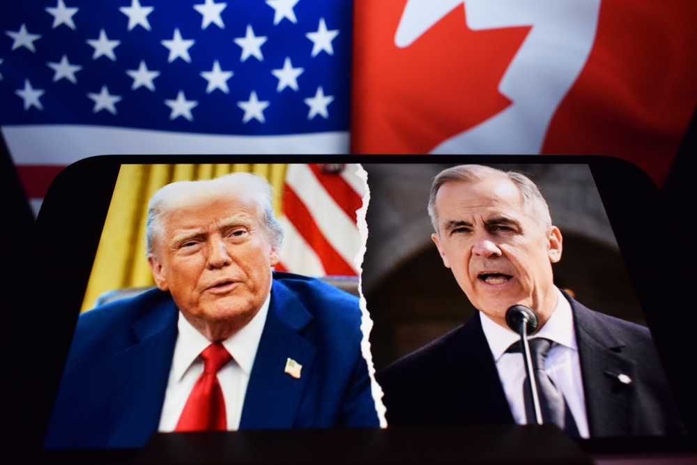 U.S President Donald Trump and Canadian Prime Minister Mark Carney appear side by side on smartphone screens. The flags of the U.S and Canada are visible in the background. New York, USA. 20.04.2025