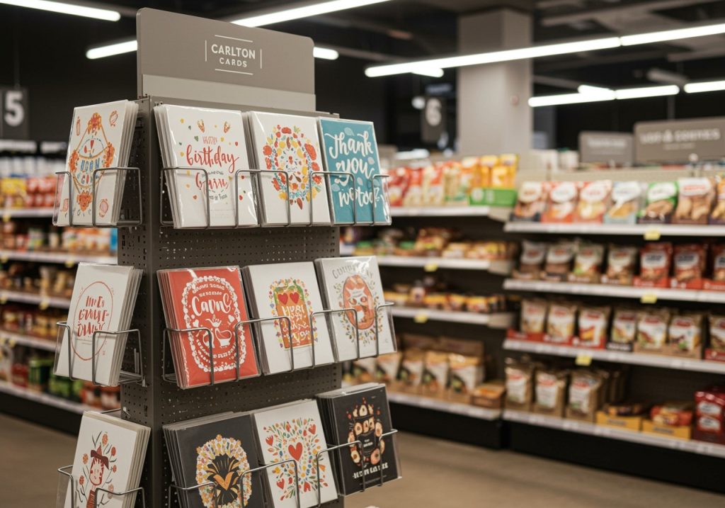carlton cards grocery store greeting card rack with only a few cards on it