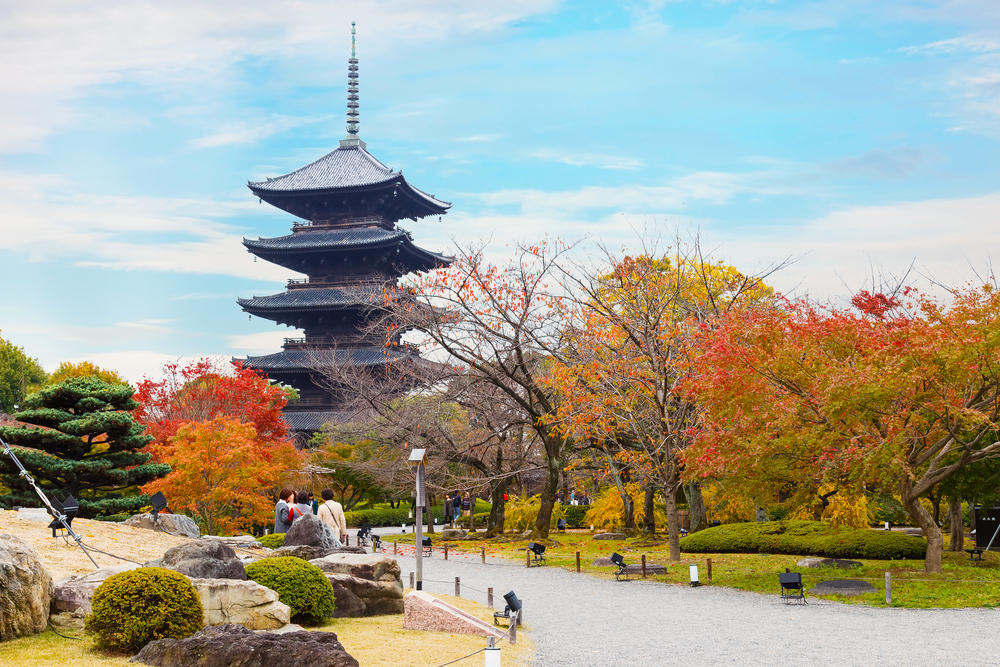 KYOTO, JAPAN - NOVEMBER 23 2015: Toji temple, literally "East Temple", founded at the beginning of Heian Period, after the capital moved to Kyoto and it's one of Kyoto's UNESCO world heritage sites