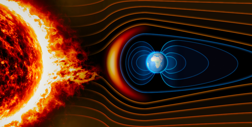 Earth's magnetic field, the Earth, the solar wind, the flow of particles. Sun. Element of this image is furnished by NASA