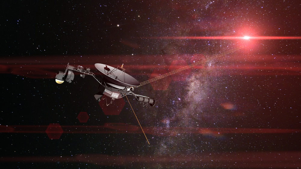 Voyager spacecraft in front of the Milky Way galaxy and a bright red star in deep space (3d illustration, elements of this image are furnished by NASA)