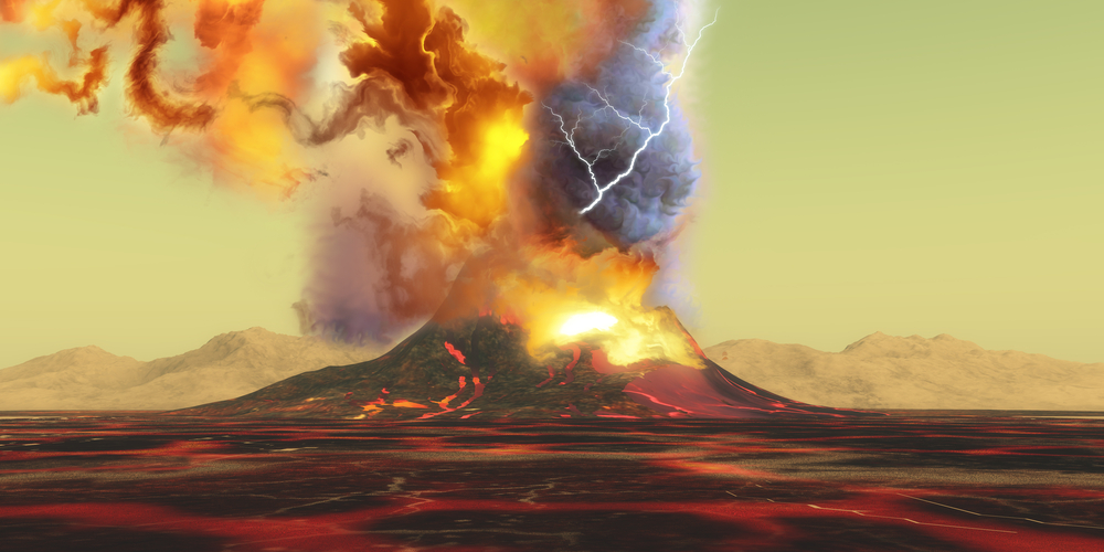 Volcano Eruption 3d illustration - A volcano erupts with a burst of smoke, fire and ash as the landscape becomes rivers of molten lava.