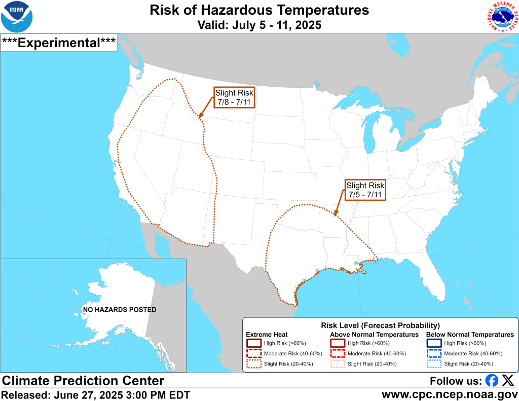 NOAA experimental Risk of Hazardous Temperatures map showing slight risk areas outlined across portions of the western and south-central United States as part of the 2025 summer heat forecast.