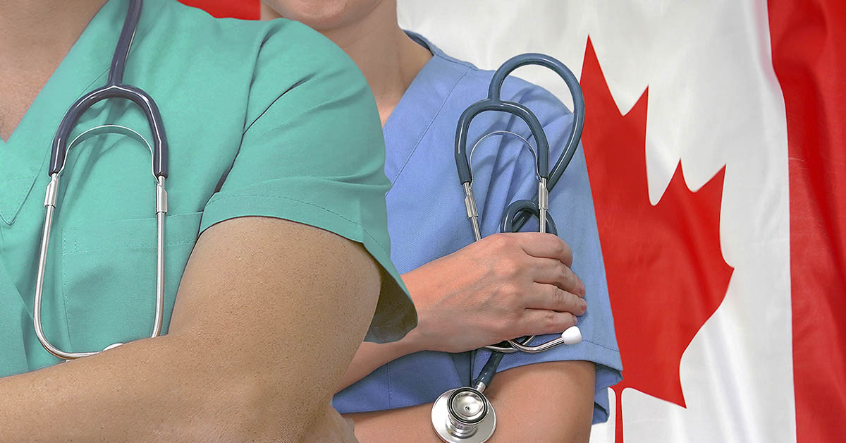 Canadian doctors in scrubs with stethoscopes. Canadian flag in background. Socialized health care concept
