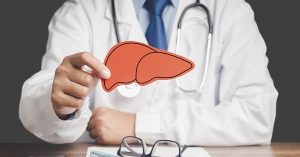 Doctor holding illustration of liver. Liver health concept