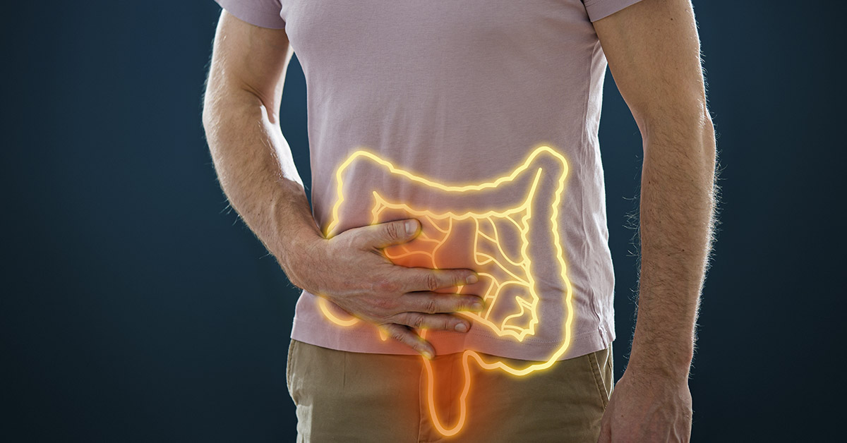 man with hand placed over lower abdomen. Illustration of small and large intestine overlayed. Colon health and colon cancer concept