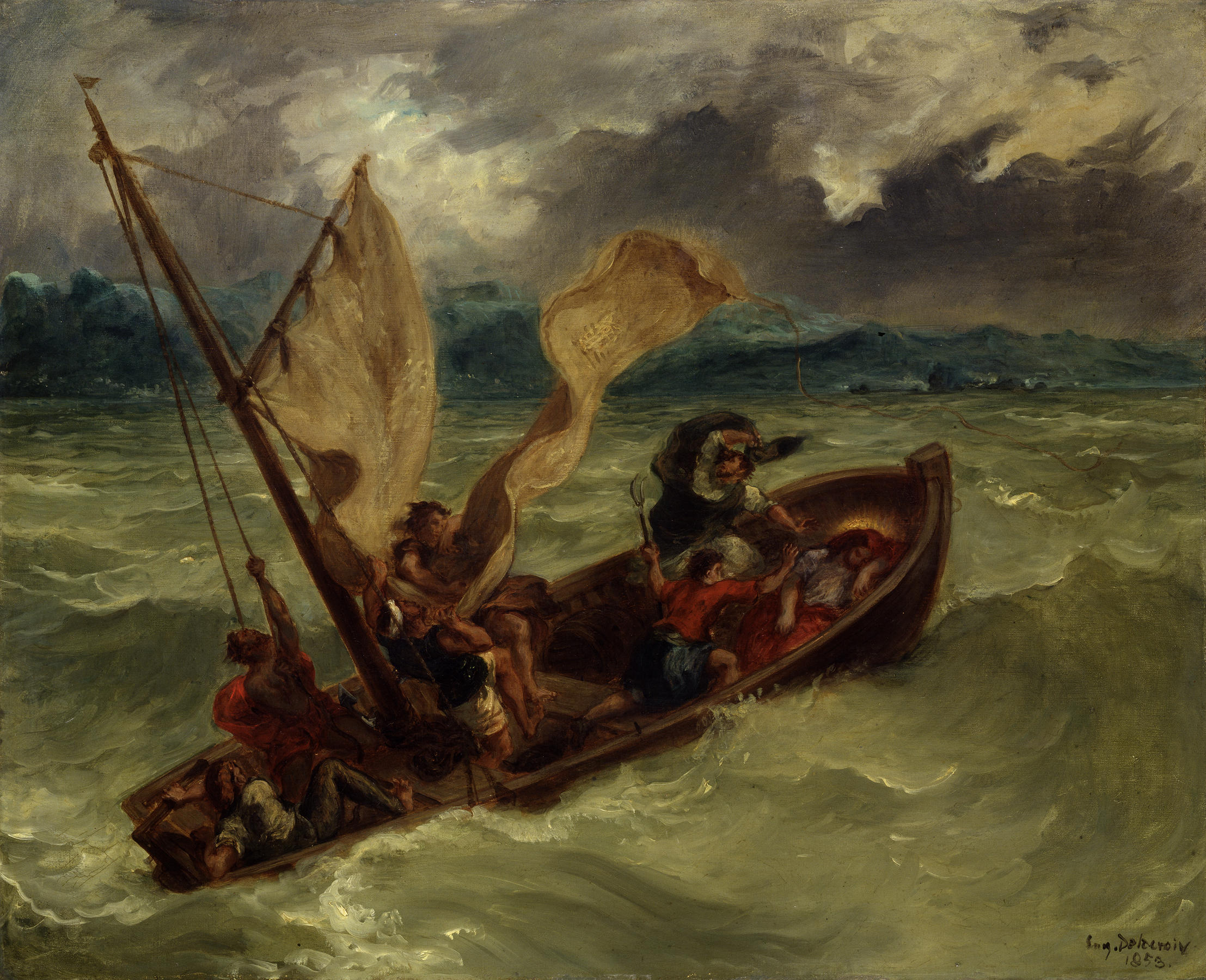Classical painting depicting fishermen in a small boat struggling against rough seas, representing the type of vessel Jesus and his disciples would have used on the Sea of Galilee.