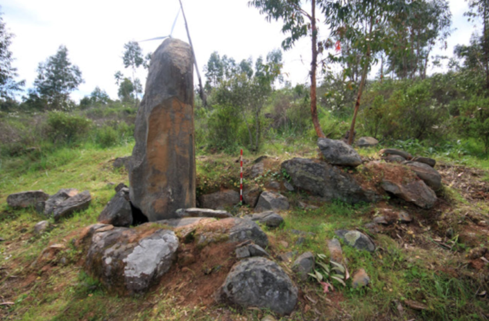 Tall sandstone menhir standing among scattered rocks and vegetation, one of 526 prehistoric monuments discovered at the La Torre-La Janera site in Huelva province.