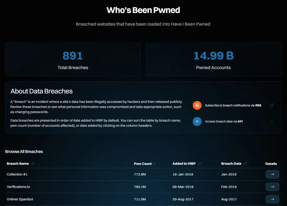 Screenshot of the Have I Been Pwned website showing the dark-themed interface with breach statistics displaying 891 total breaches and 14.99 billion pwned accounts, along with a data table listing recent security incidents.