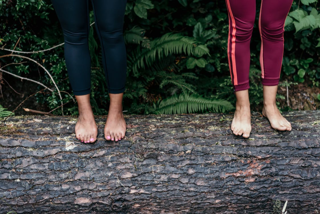 Two People Standing on Tree Log
