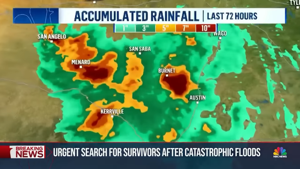 Weather map showing 10+ inches of rainfall across central Texas in 72 hours, with NBC News urgent flood survivor search alert.