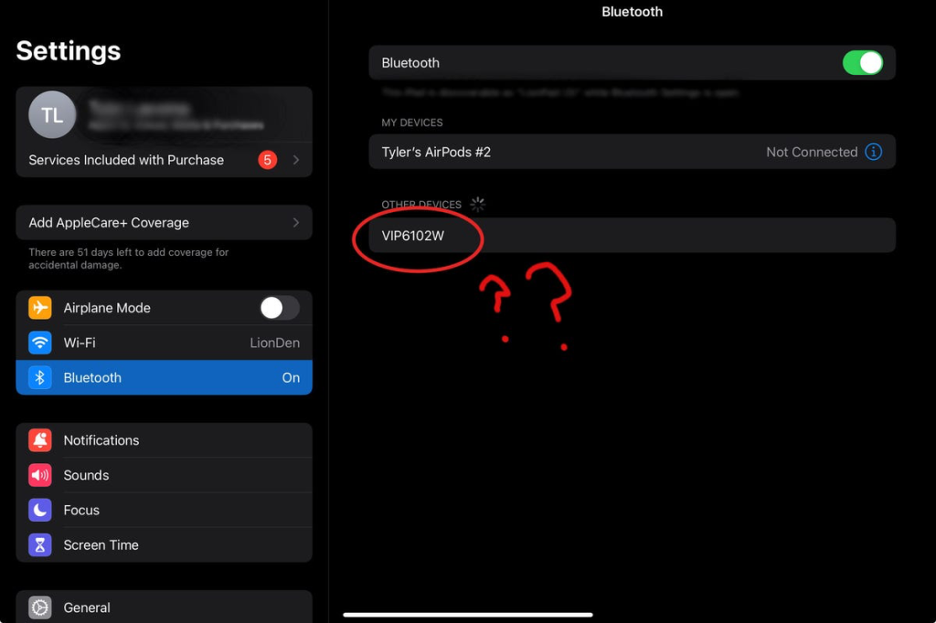 Bluetooth pairing window showing unrecognized device "VP8102W" in device list.