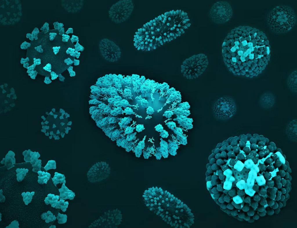 Microscopic blue-green virus and bacteria structures floating in space, part of the 80 million microorganisms shared per kiss.