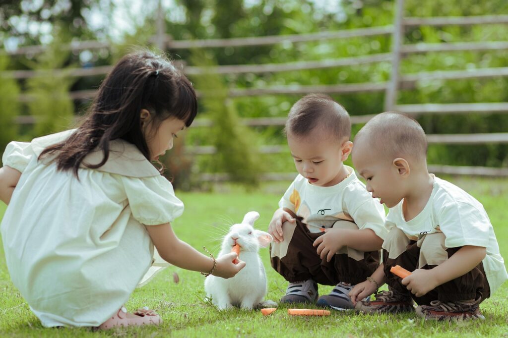 Kids, Rabbit, Nature