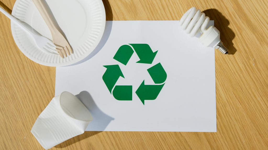 Light Bulb, Paper Cup, Plate, Forks and Recycling Pictograph