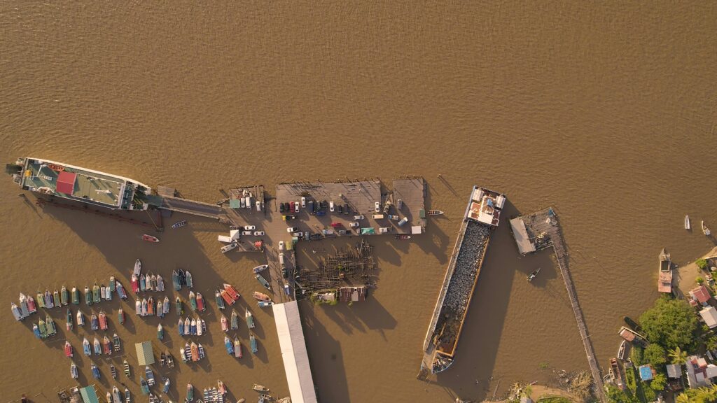 Aerial View of Parika Waterfront Dock in Guyana
