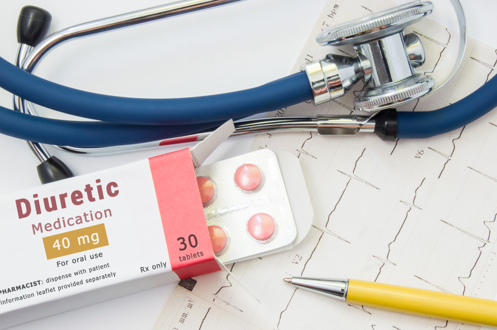 KYIV, UKRAINE-JUNE 20, 2018: Diuretic drug for heart, kidneys and cardiovascular system. Packing of pills with inscription "Diuretic Medication" for treatment of cardiovascular diseases near EKG