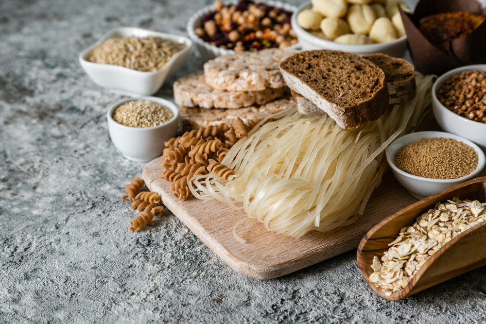 Gluten free diet concept - selection of grains and carbohydrates for people with gluten intolerance, copy space
