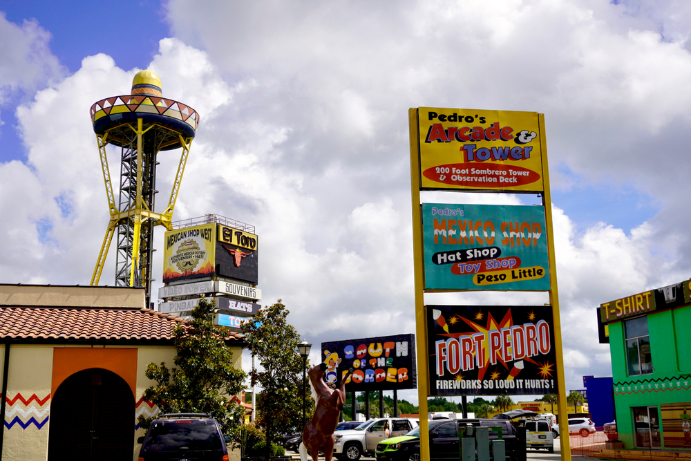 South Carolina, USA - 2021: South of the Border, attraction on Interstate 95 (I-95) south of the border between North Carolina and South Carolina. Themed in campy faux-Mexican style. Sombrero tower.
